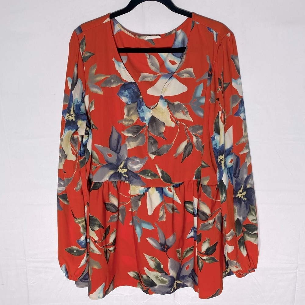 Oddy Orange Blue Cream Floral V Neck Long Sleeve Babydoll Peplum Blouse 3XL